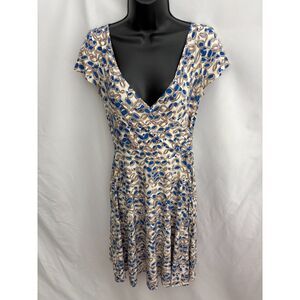 Vintage Scarlett Faux Wrap Cream Dress Flare Size 6 Blue Dots Abstract Feminine